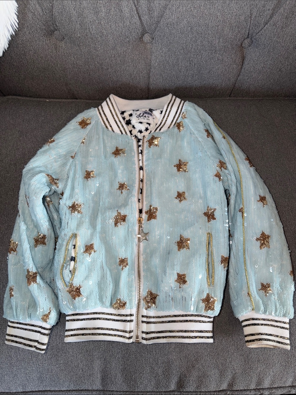 Lola + The Boys Sky Blue Sequin Star Bomber Jacket with Gold Stars
